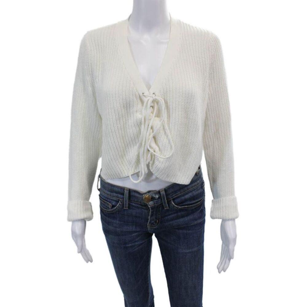 Millau Womens Cotton Open Knit V-Neck Lace Up Pullover Sweater Top White Size S